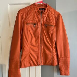 Baccini Orange Leather Jacket Stand-Up Collar Fitted